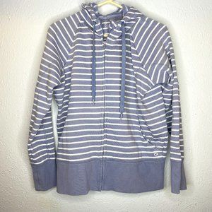 GAP Fit, women's Large striped hoodie with thumb holes and fleece interior.